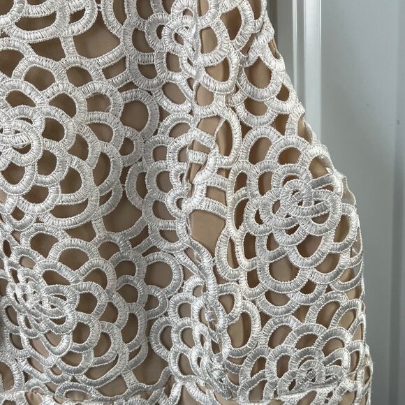 ABS Lace Detail Dress Size 10 Beige Lace Black Leather Trim High Neck Cocktail - Picture 3 of 8